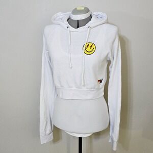 Aviator Nation Smiley Bolt Eyes Cropped Hoodie Sweatshirt White Womens Sz M EUC!